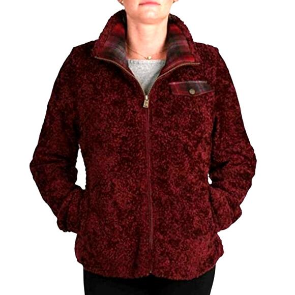 PENDLETON Fuzzy Sherpa Full Zip Jacket Women M Burgundy Cozy Everyday Travel EUC - Picture 1 of 13